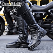preiswerte Biker -Stiefel-Schwarze Motorradstiefel für Herren aus Kunstleder mit Riemen – elegant und robust, ideal für Biker und den lässigen Alltag.