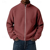 cheap Basic Sweatshirts-Men's Sweatshirt Waffle Sweatshirt Full Zip Sweatshirt Wine Standing Collar Plain Zip Up Textured Casual Daily Sports &amp; Outdoor Streetwear Cool Sportswear Spring &amp;  Fall Clothing Apparel Hoodies