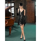 billiga 1920-talets klänningar-Set Roaring 20s 1920s Mini Dress Flapper Dress Outfits with Accessories Sleeveless The Great Gatsby Charleston Sequins Tassel Fringe Feather Deep V Fancy Dress Women's Carnival New Year Masquerade