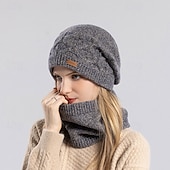 お買い得  温熱コレクション-女性用冬用帽子、アウトドアサイクリング用、フリース裏地付きニット耳あて、スカーフセット、暖かいビーニーとネックウォーマーの2点セット、寒い天候のスポーツ用