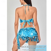preiswerte Bauchtanzkleidung-Samba Tanzmode Verstellbare Schnüreffekte Pailletten Fransen Rock Oberteil Set Frauen Funkelndes Bauchtanz Outfit 2 Stückl Performance Kostüm