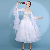 cheap Competition Wear-Ballroom Dance Dress Pleats Splicing Crystals / Rhinestones Women's Performance Training Long Sleeve High Spandex Mesh