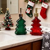 cheap Soap Dispensers-Glass Christmas Tree Hand Pump Dispenser Bottle - 300ml Red/Green Reusable Travel-Sized Soap/Lotion/Cleanser Container with Golden Reindeer Snowflake Design for Kitchen, Bathroom, Office - Durable