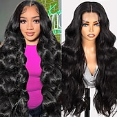 お買い得  前髪の人毛ウィッグ-ナチュラルカラーの人毛13*6フロントレースウィッグボディウェーブレースウィッグ人毛150%密度14-28インチ