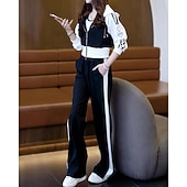 رخيصةأون بدلات رياضية-نسائي سويت شيرت بسحاب بنطلون واسع الساق بدلة رياضية من قطعتين رباط ألوان متناوبة أطقم ملابس رياضية الخريف أسود أبيض المشي لمسافات طويلة مهنة ركض كم طويل رياضة ألبسة رياضية مرن نسبياً عادي