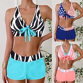 preiswerte Tankinis-Damen Badeanzug Zweiteilig Slips Bademode Rückenfrei Urlaub Strandbekleidung Flagge V Ausschnitt Ärmellos Badeanzüge