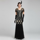 voordelige 1920-talls kjoler-Set Roaring 20s 1920s Floor Length Knee Length Dress Evening Dress Outfits with Accessories Short Sleeves The Great Gatsby Charleston Wedding Guest Sequins Tassel Fringe Feather V Neck Fancy Dress