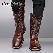 voordelige Cowboy &amp; Western Boots-Bruine cowboylaarzen van imitatieleer voor heren – klassieke westernstijl met geborduurde details, perfect voor kerstfeestjes en casual uitjes