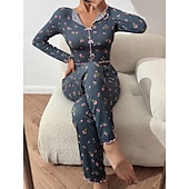preiswerte Damen Schlafoberteile und -unterteile-Damen Schlafanzug Set Lässig Komfort Blumen Elastischer Bund Hose Heim Täglich Langarm V Ausschnitt Blau Schwarz Weiß Rosa Frühling Herbst Normale Passform