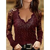 Недорогие Простая футболка-Жен. Блуза Кружева Пэчворк Сплошной цвет Стиль На каждый день Длинный рукав V-образный вырез Обычные топы Повседневные Синий Черный Винный Весна Осень Зима