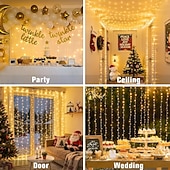 رخيصةأون يعمل بالطاقة الشمسية-أضواء ستارة 10 * 10 قدم 300 LED 8 أوضاع جهاز تحكم عن بعد شمسية أضواء خيط معلقة داخلية وخارجية مقاومة للماء لزينة الأعراس والمهرجانات