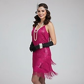 baratos Vestidos dos anos 1920-Conjunto Loucos anos 20 Anos 20 Mini Vestido melindroso Roupa Festa a Fantasia com acessórios Sem Mangas O Grande Gatsby Convidado do casamento Franjas Côr Sólida Franjas Decote V Fantasia Mulheres