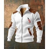 olcso Férfi 3D pulóverek-Férfi Teljes cipzáros kapucnis Gyapjú kabát Gyapjú pulóver Fekete Fehér Katonai zöld Sötétkék Barna Álló gallér Križ Amerikai zászló Zseb Műbőr kiegészítők Sport &amp; Szabadtéri Hétköznapi Napi