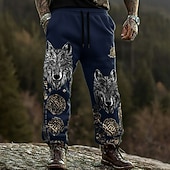 preiswerte Bedruckte Freizeithosen für Herren-Herren Wolf Wikinger Keltische Kunst Hosen Hose Freizeithose Mittlere Taille Kordelzug Elastischer Bund Vintage-Retro Outdoor Campen und Wandern Jagd Gerade Hosen Frühling Herbst 3D-Druck Schwarz