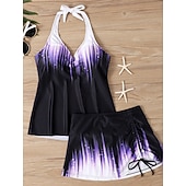 tanie Tankini-Kostium kąpielowy dwuczęściowy tankini dla kobiet spódnica kontrola brzucha wysoki stan wąski bez pleców wakacyjny strój na plażę ombre halter bez rękawów
