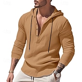 cheap Men's Popover Shirts-Men's Shirt Popover Shirt Summer Shirt Casual Shirt Beach Shirt Black White Yellow Navy Blue khaki Long Sleeve Solid Color Hooded Vacation Casual Drawstring Clothing Apparel Fashion Casual Comfortable