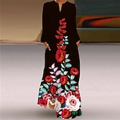 levne Tisknout květinové šaty-Dámské Dlouhé šaty Maxi šaty Květinové šaty Šaty s potiskem Moderní Denní Jdeme ven Víkend Běžný Květinový Dlouhý rukáv Do V Vodní modrá Černá Rubínově červená Trávová zelená Jaro Podzim