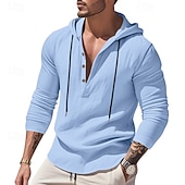 cheap Men's Popover Shirts-Men's Shirt Popover Shirt Summer Shirt Casual Shirt Beach Shirt Black White Yellow Navy Blue khaki Long Sleeve Solid Color Hooded Vacation Casual Drawstring Clothing Apparel Fashion Casual Comfortable