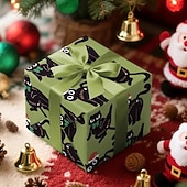 お買い得  ギフトラッピング-クリスマスラッピングペーパー1ロール、緑の背景にサンタの帽子とリボン、黒猫のデザイン - ギフト包装、ホリデーデコレーション、パーティーの雰囲気作りに最適 &amp;テーマイベント - 43cm 500