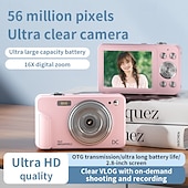 olcso Fényképezőgép és fénykép-digitális fényképezőgép 56mp-es fényképezőgépek fotózáshoz, célozd meg és lőj digitális fényképezőgép autofókusszal, dupla kamerás vakuval, 16x zoommal, rázkódásmentesítéssel, 128 GB-os kártyával,