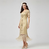 baratos Vestidos dos anos 1920-Loucos anos 20 Anos 20 Até os Joelhos Comprimento Curto Vestido melindroso Ilusão Mangas curtas O Grande Gatsby Convidado do casamento Paetês Lantejoula Decote V Fantasia Mulheres Carnaval Baile de