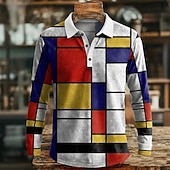 abordables פולו גיאומטרי לגברים-Men's Color Block Geometic Polo Long Sleeve Polo Shirts Lapel Casual Outdoor Athleisure Daily Wear 3D Print Buttons Spring Fall Winter Blue Red Green