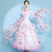 cheap Competition Wear-Women's Elegant White Pink Floral Ballroom Dance Dress Rhinestone Applique Off-Shoulder Waltz Tango Modern Rumba Competition Performance Gown