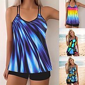 preiswerte Tankinis-Damen Badeanzug Tankini Zweiteilig Shorts Bademode Bauchkontrolle Hohe Taille Schlank Rückenfrei Urlaub Strandbekleidung Ombre Farbblock V Ausschnitt Ärmellos Badeanzüge