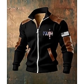 baratos Moletons 3D masculinos-Homens Full Zip Hoodie Casaco de lã Moletom de lã Preto Branco Verde Tropa Azul Marinha Marron Colarinho Clerical Cruz Bandeira americana Fé Bolsos Detalhes em couro sintético Desportos e Ar livre