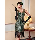 baratos Vestidos dos anos 1920-Roaring 20s 1920s Knee Length Flapper Dress Sleeveless The Great Gatsby Sequins Fringe V Neck Fancy Dress Women's Christmas Carnival speakeasy Masquerade Retro Theme Party Adults' Dress