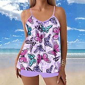 お買い得  タンキニ-女性用 スイムウェア 2ピース ショーツ 水着 バックレス 旅行度假风 ビーチウェア フラワー グラフィック Ｕネック ノースリーブ 水着