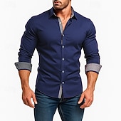 abordables Camisas de vestir para hombres-Men's Shirt Dress Shirt Casual Shirt Button Up Shirt Plain Formal Wedding Blue White Red Long Sleeve Lapel Summer Spring Clothing Apparel Patchwork