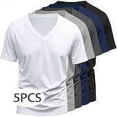 tanie podstawowe koszulki-5-częściowy męski T-shirt z krótkim rękawem, dekolt w serek, letni, na każdą porę roku, jednolity kolor, prosty, codzienny, 5-częściowy zestaw, wakacyjny, casualowy, biały, top, męski