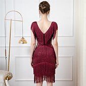 baratos Vestidos dos anos 1920-Roaring 20s 1920s Knee Length Flapper Dress Sleeveless The Great Gatsby Flapper Girl Sequins Fringe V Neck Fancy Dress Women's Christmas Carnival speakeasy Masquerade Retro Theme Party Adults Dress