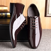 baratos Sapatos Oxford-Sapatos sociais masculinos de verniz marrom escuro com cadarço - calçado formal elegante para reuniões de negócios e eventos sofisticados.
