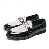 billiga Loafers-Herrloafers i vitt och blått i lack med metallspänne – trendiga skor för semiformella sammankomster och fester