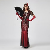 preiswerte 1920er Kleider-Set Goldene Zwanziger 1920er Knöchellänge Lange Länge Kleid Abendkleid Outfits mit Zubehör Illusionsärmel Kurze Ärmel Der große Gatsby Hochzeitsgast Pailletten Pailletten Halloween V Ausschnitt Kostüm