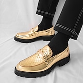 economico Mocassini-Mocassini da uomo dorati trapuntati, scarpe eleganti slip-on con dettaglio in metallo e suola spessa, calzature formali per matrimoni, banchetti, feste, balli di fine anno, spettacoli teatrali e occasioni serali di grande impatto.