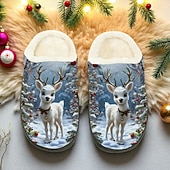 baratos Sapatos de Natal Femininos-Pantufas femininas de Natal com estampa de rena - pantufas macias de pelúcia para uso interno no inverno, com um adorável desenho de rena, calçado quente de lã para a temporada de festas e ótimos