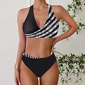 preiswerte Tankinis-Damen Badeanzug Zweiteilig Rock Bademode Rückenfrei Urlaub Strandbekleidung Gestreift V Ausschnitt Ärmellos Badeanzüge