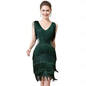 baratos Vestidos dos anos 1920-Roaring 20s 1920s Knee Length Flapper Dress Sleeveless The Great Gatsby Flapper Girl Sequins Fringe V Neck Fancy Dress Women's Christmas Carnival speakeasy Masquerade Retro Theme Party Adults Dress