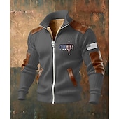 baratos Moletons 3D masculinos-Homens Full Zip Hoodie Casaco de lã Moletom de lã Preto Branco Verde Tropa Azul Marinha Marron Colarinho Clerical Cruz Bandeira americana Fé Bolsos Detalhes em couro sintético Desportos e Ar livre