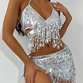 economico Top e Set-Costumi da ballo Samba Set di top corto a frange argentate e gonna mini plissettata metallizzata per donne - Outfit da festival rave per carnevale Costumi per performance