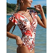 levne Jednodílné plavky-Dámské jedndílné plavky zeštíhlující zip přední palm monokini kontrola břicha vysoký pas slim dovolená plážové oblečení květinové listy kulatý výstřih krátké rukávy plavky