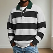 abordables Polo de rugby pour hommes-Homme Rayures horizontales Polo Polo de rugby Polos de Rugby manche longue Polos Revers Vêtements de sport Occasionnel École Athleisure Tenue quotidienne Impression 3D Printemps Automne Hiver Bleu