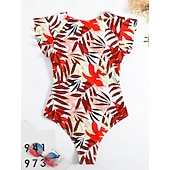 levne Jednodílné plavky-Dámské jedndílné plavky zeštíhlující zip přední palm monokini kontrola břicha vysoký pas slim dovolená plážové oblečení květinové listy kulatý výstřih krátké rukávy plavky