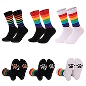 levne domácí ponožky-Ponožky do poloviny lýtek s duhovými pruhy a pohlcujícím pot, odolné proti zápachu a potiskem zvířecích tlapek, unisex, pohodlné bavlněné ponožky pro muže i ženy na běžné nošení