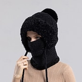 Недорогие теплая и теплая коллекция-Зимняя вязаная шапка-бини 3-в-1 с флисовой подкладкой для женщин со встроенной маской для лица и утеплителем для шеи, теплая и уютная шапка для холодной погоды на открытом воздухе