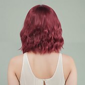 baratos Perucas de festa-Perucas sintéticas Ondulado Trama Curly Corte Assimétrico Franja Lisa Fabrico à Máquina Peruca 14 polegadas Vermelho Vinho Cabelo Sintético Mulheres Clássico Confortável Requintado Vinho