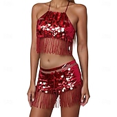 preiswerte Oberteile &amp; Sets-Samba Dancewear Damen 2-teiliges Pailletten Bauchtanzrock-Set Fransen Hüftschal mit Halter-Bra-Tops Leistungskostüm